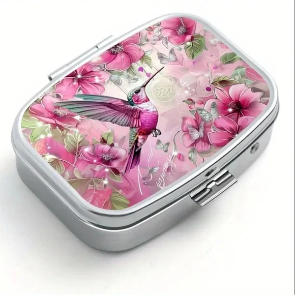 🐰 Pink Hummingbird Multi-Use Pill Box Mirror Container - Picture 3 of 7